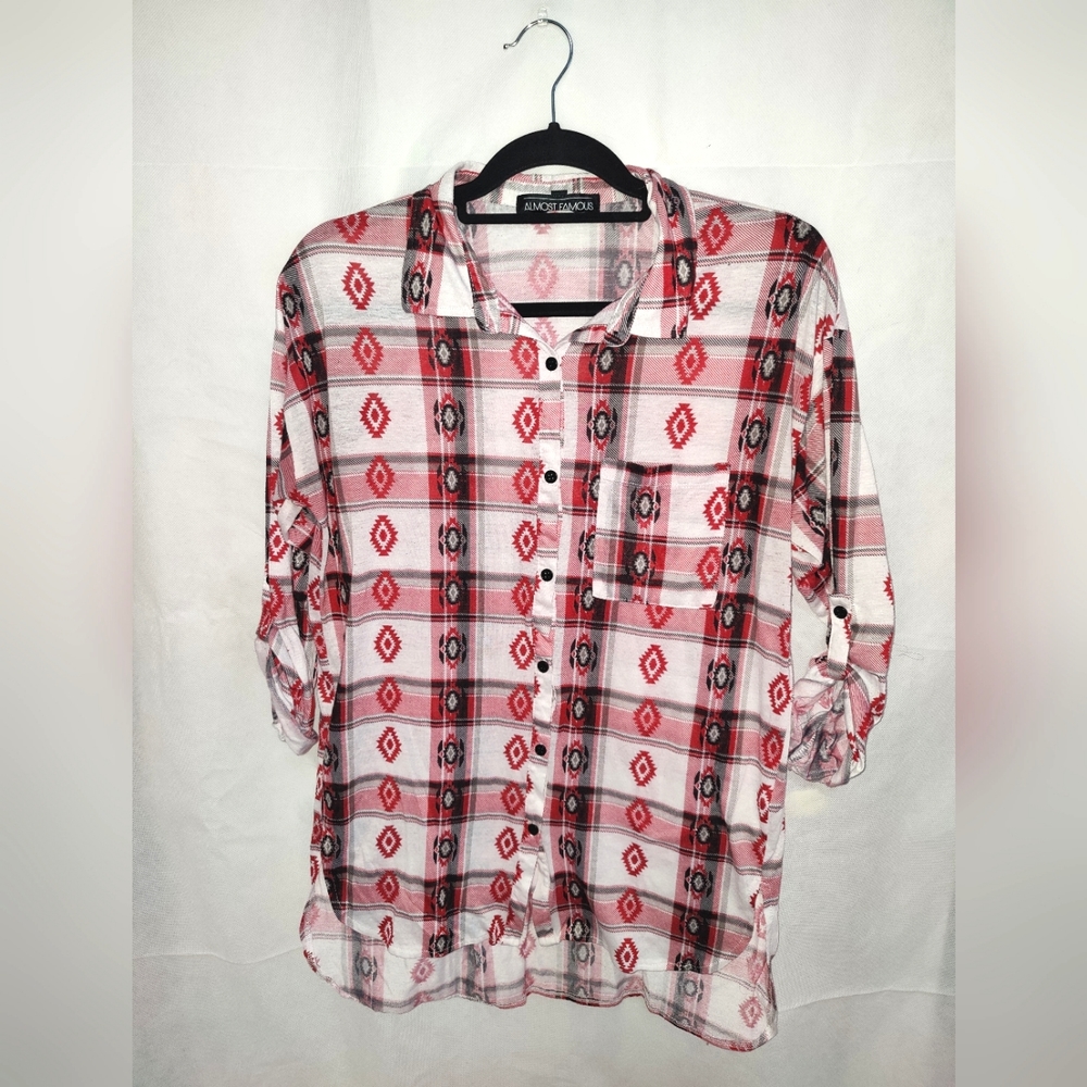 Red, Black, and White Southwest High-Low Cuffed Button Up